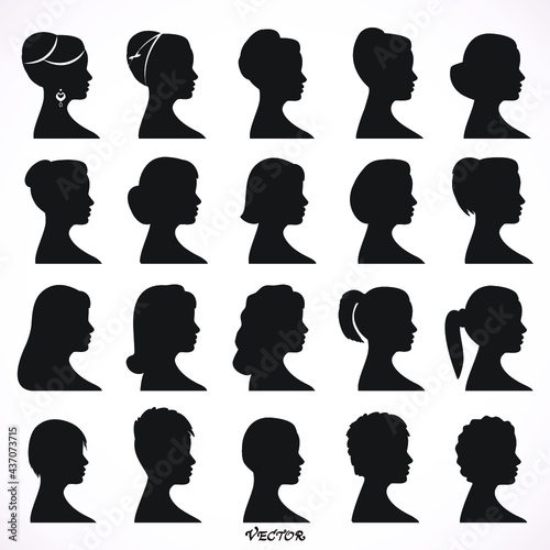Women Profile Silhouettes - Vector Illustration, girls silhouettes with 20 different hairstyle for your design.