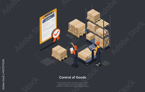 3D Isometric Composition. Vector Cartoon Illustration With Text. Control Of Goods Conceptual Design. People Working In Warehouse. Cardboard Boxes, Parcels, Big Paper With Quality Approval Writing.