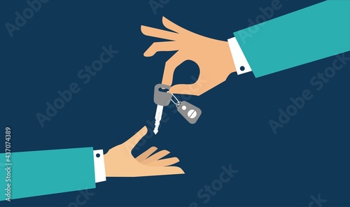 Hand giving car keys with chain. Vector EPS