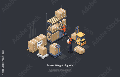 3D Isometric Composition. Vector Cartoon Illustration With Text. Measuring Weight Of Goods With Scales Conceptual Design. Worker Characters At Storehouse. Cardboard Boxes And Products Around Them