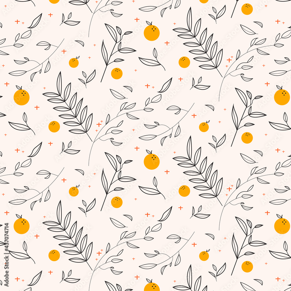 Fototapeta premium Orange with leaves seamless pattern vector background