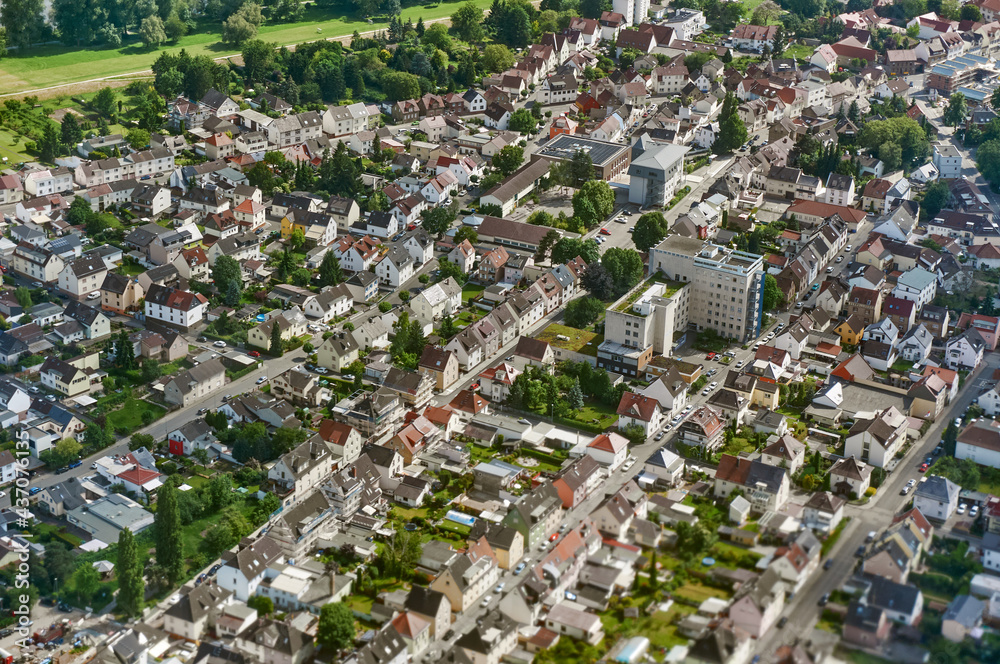 panorama view of the little european town from the plane