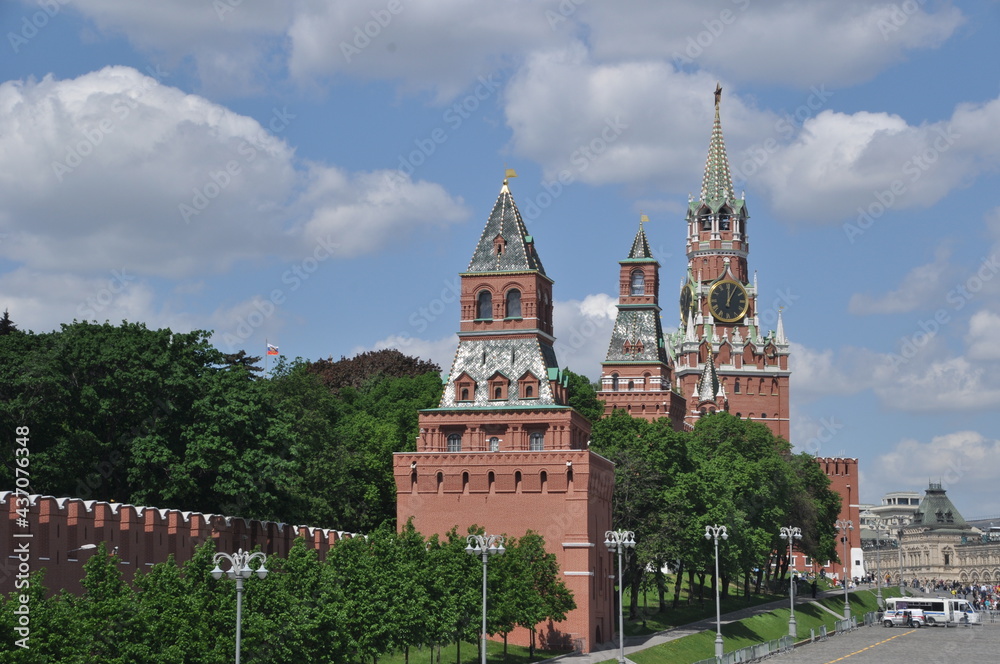 Kremlin towers. Close-up, panorama. Spring day. Moscow, Russia, May 22, 2021. Kremlin towers. Close-up, panorama. Spring day. Moscow, Russia, May 22, 2021.
