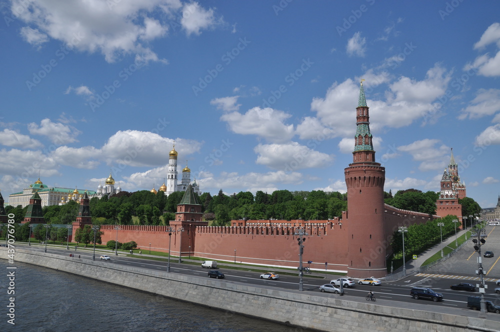 Panoramic view of the Moskva River and the Kremlin. Sunny day in the city. Moscow, Russia, May 22, 2021.