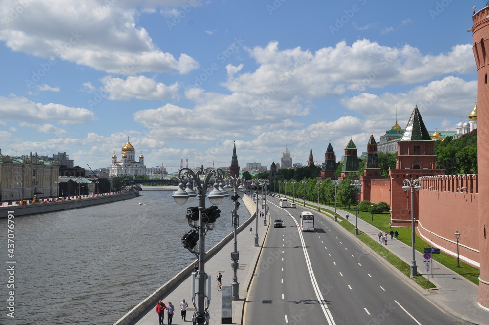 Embankment of the Moscow Kremlin, river. and the Cathedral of Christ the Savior. Moscow, Russia, May 22, 2021.
