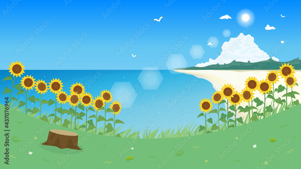 ヒマワリと海の風景イラスト 夏 背景素材 Stock Vector Adobe Stock