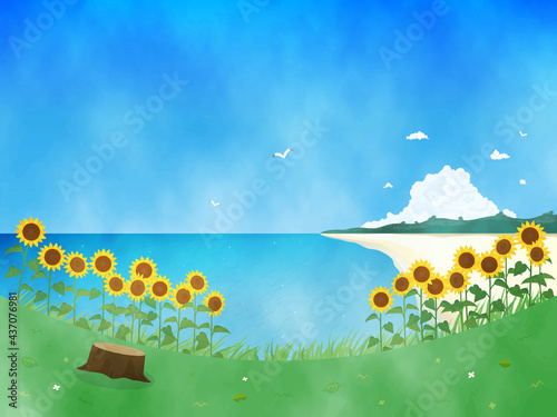 ヒマワリと海の風景イラスト　夏　水彩　背景素材