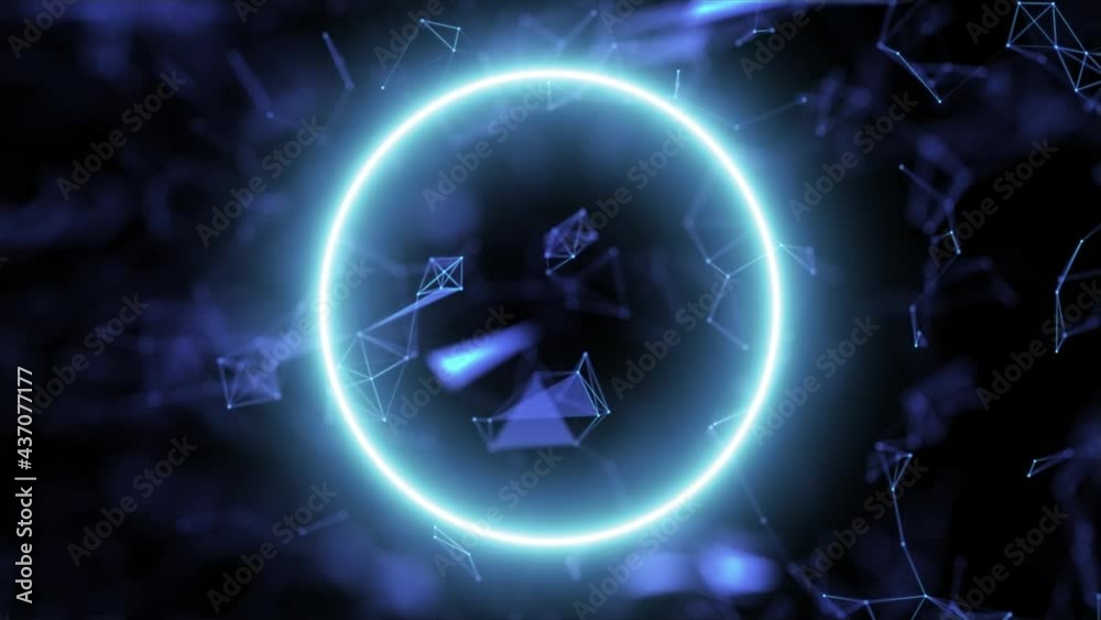 Animation of the appearance of a neon blue ring on a technological digital background.