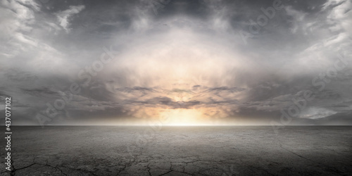 Epic Floor Background Scene and Dramatic Sky with Sunset Storm Cloud Horizon photo
