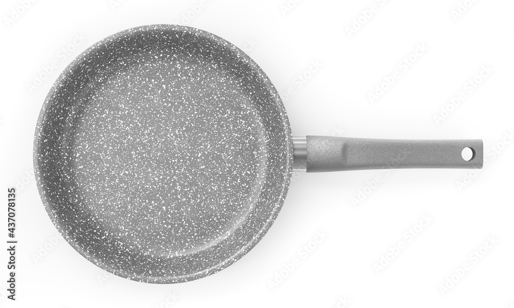 Gray granite coated frying pan on white background