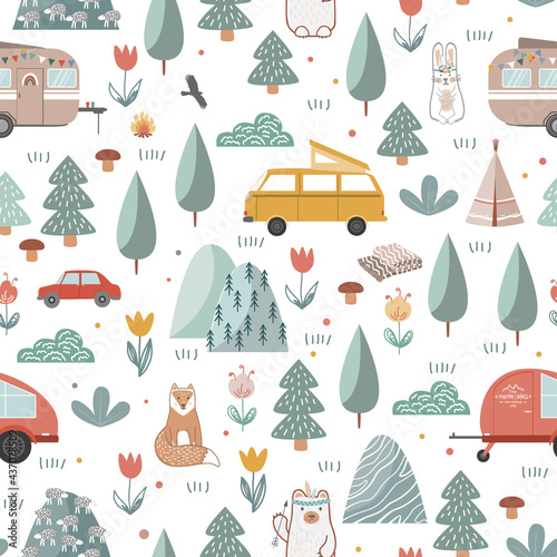 Hand drawn seamless pattern with summer camping equipment. Trailers, mountains, trees, and animals in Scandinavian style. Cartoon background