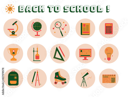 Set d'illustrations rentrée scolaire. Badges, icônes, sur le thème de l'école, du collège ou du lycée.