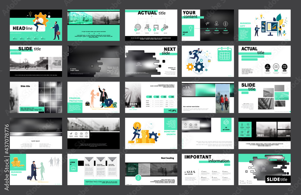 Business presentation, powerpoint new technologies. Information infographic design template, green, black elements, white background, set. Team of people creates a business, teamwork, Work. Mobile app