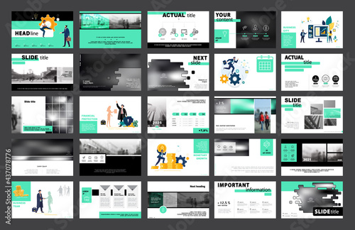 Business presentation, powerpoint new technologies. Information infographic design template, green, black elements, white background, set. Team of people creates a business, teamwork, Work. Mobile app