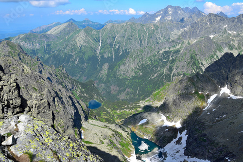 Fantastic view from the peak of mount Rysy, one of the highest mountains of the High Tatras. Slovakia, Poland.