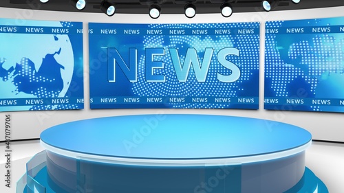 Tv studio. News room. Blye and red background. General and close-up shot. News Studio. Studio Background. Newsroom bakground. The perfect backdrop for any green screen or chroma key video production photo