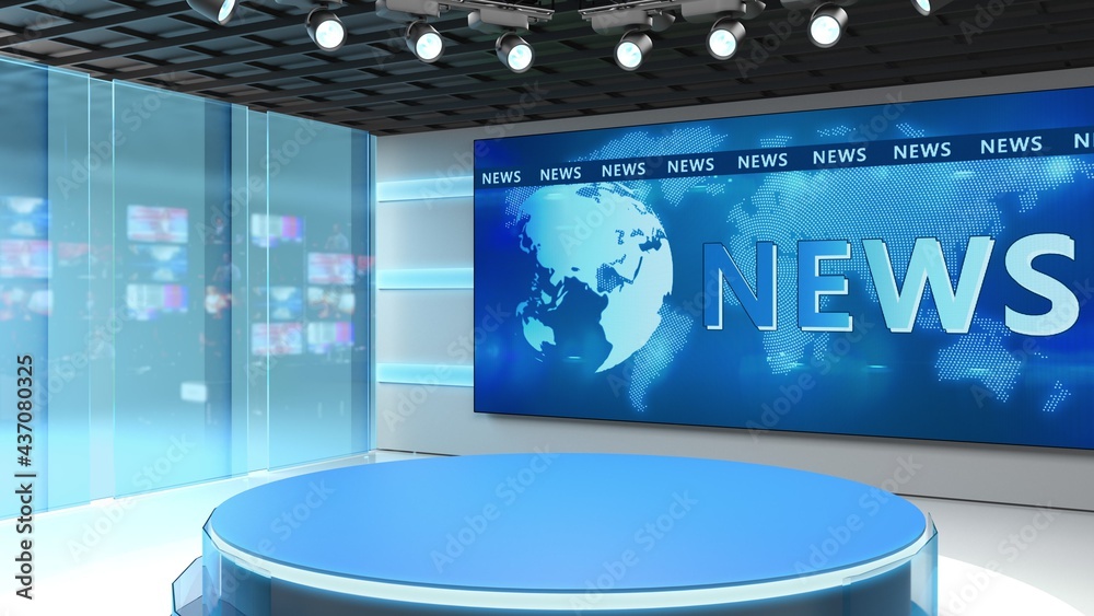 Tv studio. News room. Blye and red background. General and closeup