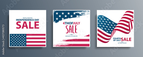 United States Fourth of July Sale special offer promotional backgrounds set for business, advertising and holiday shopping. USA Independence Day sales events cards. Vector illustration.
