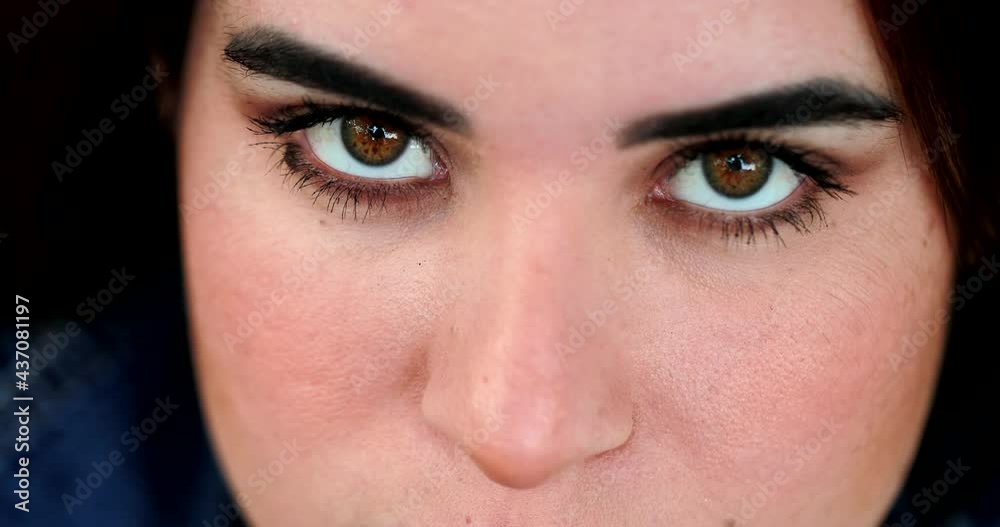 Young woman face smiling at camera, macro close-up happy girl