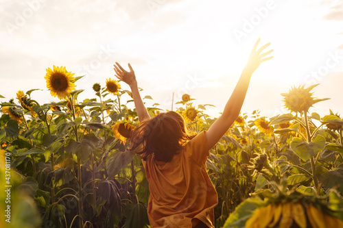 Sunny beautiful picture of young cheerful girl holding hands up in air and looking at sunrise or sunset. Stand alone among field of sunflowers. Back up view. Enjoy moment. Harvest time