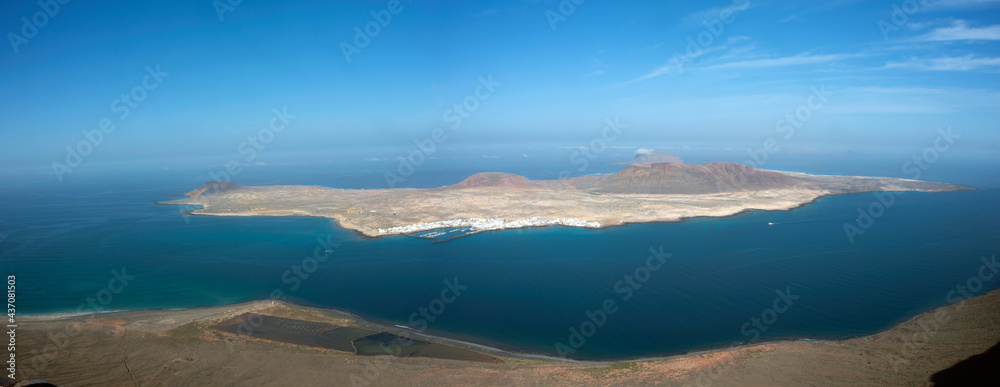 Beautiful panorama of La Graciosa island. Aerial view from Mirador del Rio in Lanzarote, Canary islands, Spain, Europe