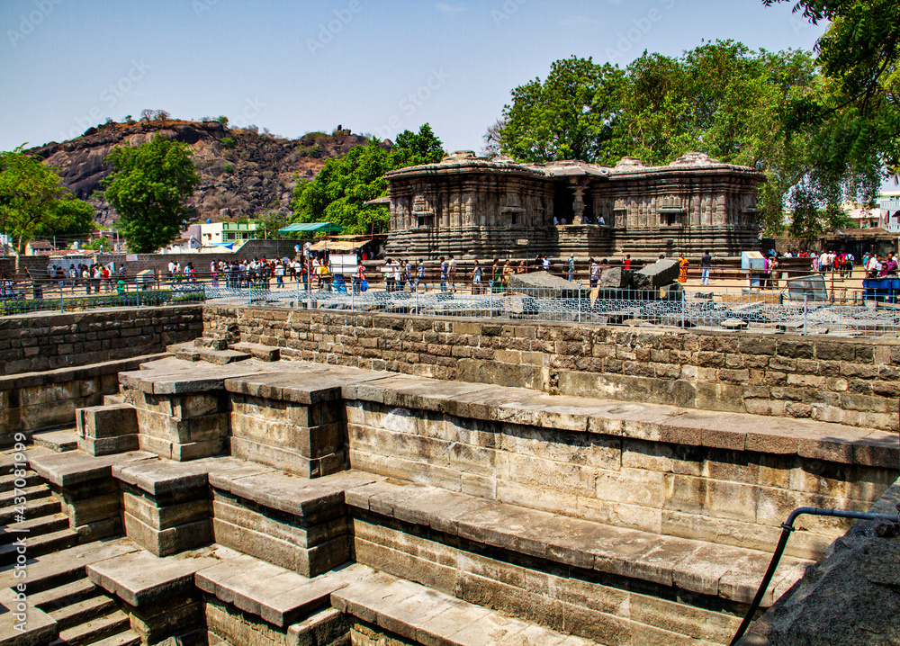 View of Thousand Pillar Temple from across the Step Well  is a historic Hindu temple located near Warangal town of Telangana State, India. It is dedicated to Lord Shiva, Vishnu and Surya.
