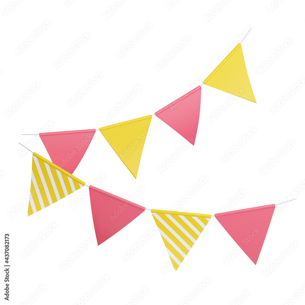 Fototapeta Party flags 3d render illustration. Pink and yellow triangular flags hanging on rope for birthday or holiday decoration
