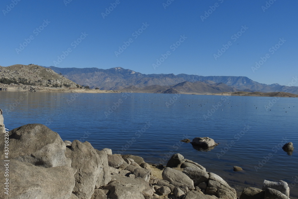 The beautiful scenery of Lake Isabella during the western and Clark's grebe migration, Kern County, California.