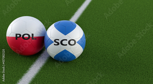 Poland vs. Scotland Soccer Match - Leather balls in Poland and Scotland national colors on a soccer field. Copy space on the right side - 3D Rendering 