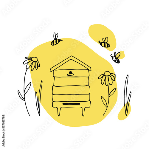 Vector hive, bees, flowers. Linear hand drawn illustration with bright spot is perfect for honey design, beekeeper brand identity, floral logo, icon, label, postcard, poster