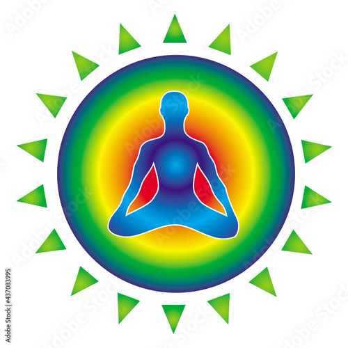 Yogi in the lotus position against the background of a green mandala. Green is a symbol of life, health and immunity. Vector art graphics