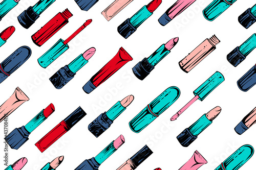 Seamless pattern of lipsticks and lipgloss, color vector