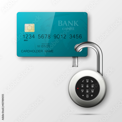 Credit card safe combination lock. Protection credit card. Safety badge banking. Defense finans. Security Plastic card software. Debit card electromagnetic chip Privacy Electronic money funds transfer