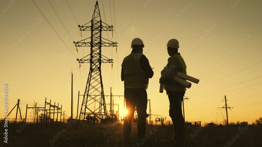 Teamwork industry a concept. Two engineers electric experts in protective helmets discussing the construction of a power line. Silhouette Of Engineers Standing On Field With Electricity Towers.