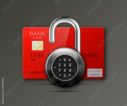 Credit card safe combination lock. Protection credit card. Safety badge banking. Defense finans. Security Plastic card software. Debit card electromagnetic chip Privacy Electronic money funds transfer
