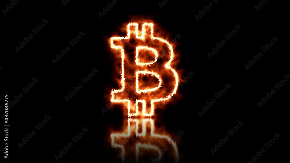 Video animation of the bitcoin logo in abstract fire on reflective floor - seamless loop - digital currency - cryptocurrency - btc