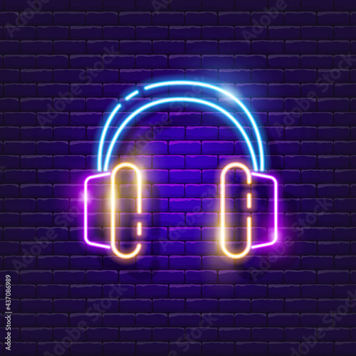 Headphones neon sign. Vector illustration for design. Audio equipment. Music concept.