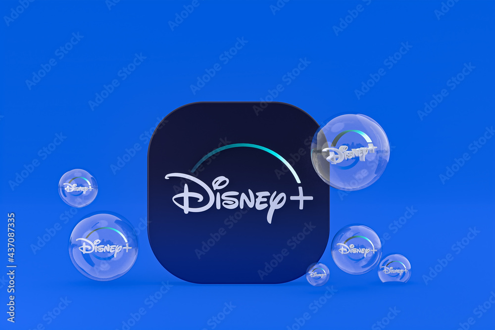 disney plus acrylic glass logo and disney plus icons copy space Stock
