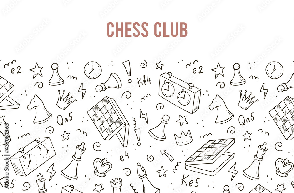 Hand drawn banners template with cartoon chess game elements. Doodle sketch style. Vector illustration for a chess club, tournaments banner, frame, brochure background.