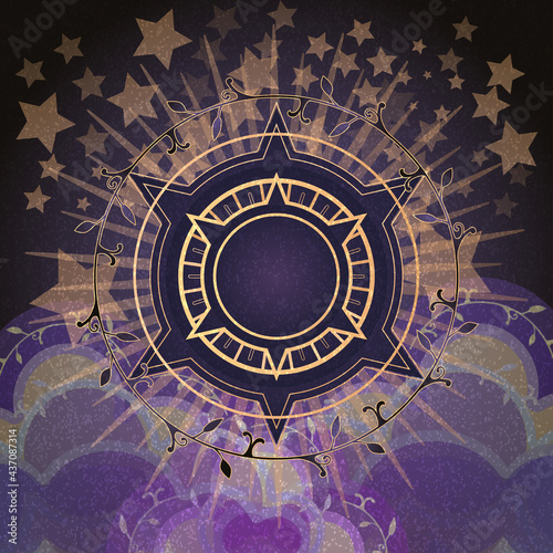Magic banner for astrology, tarot cards, boho design. Universe with the sun surrounded by stars on a blue background. Esoteric vector illustration, pattern
