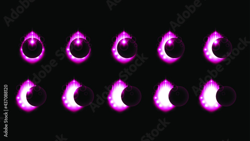 Set Collection Phases Of A Solar And Lunar Eclipse On Dark Background Sun