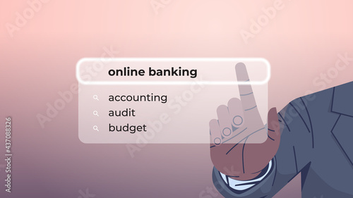 human hand choosing online banking in search bar on virtual screen internet networking concept