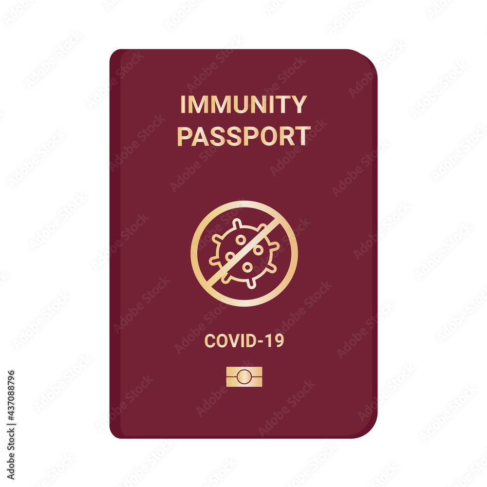 Immunity passports. Passport with mark of immunity and vaccination. Crossed-out virus. Red passport. Vector flat illustration