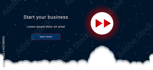 Business startup concept Landing page screen. The fast forward symbol on the right is highlighted in bright red. Vector illustration on dark blue background with stars and curly clouds from below