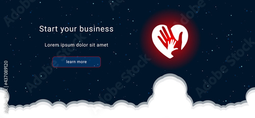 Business startup concept Landing page screen. The mom with baby symbol on the right is highlighted in bright red. Vector illustration on dark blue background with stars and curly clouds from below
