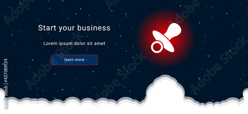 Business startup concept Landing page screen. The nipple symbol on the right is highlighted in bright red. Vector illustration on dark blue background with stars and curly clouds from below