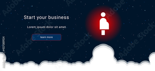 Business startup concept Landing page screen. The pregnant woman symbol on the right is highlighted in bright red. Vector illustration on dark blue background with stars and curly clouds from below
