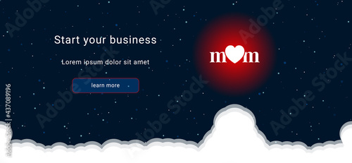 Business startup concept Landing page screen. The mother's day symbol on the right is highlighted in bright red. Vector illustration on dark blue background with stars and curly clouds from below