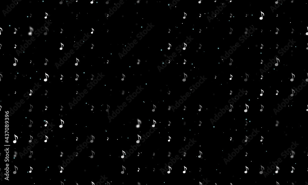 Seamless background pattern of evenly spaced white musical note symbols of different sizes and opacity. Vector illustration on black background with stars