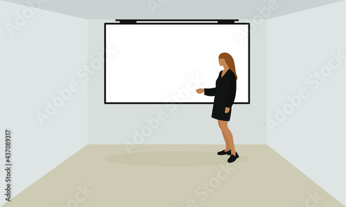 Female character in the room near the screen hanging on the wall
